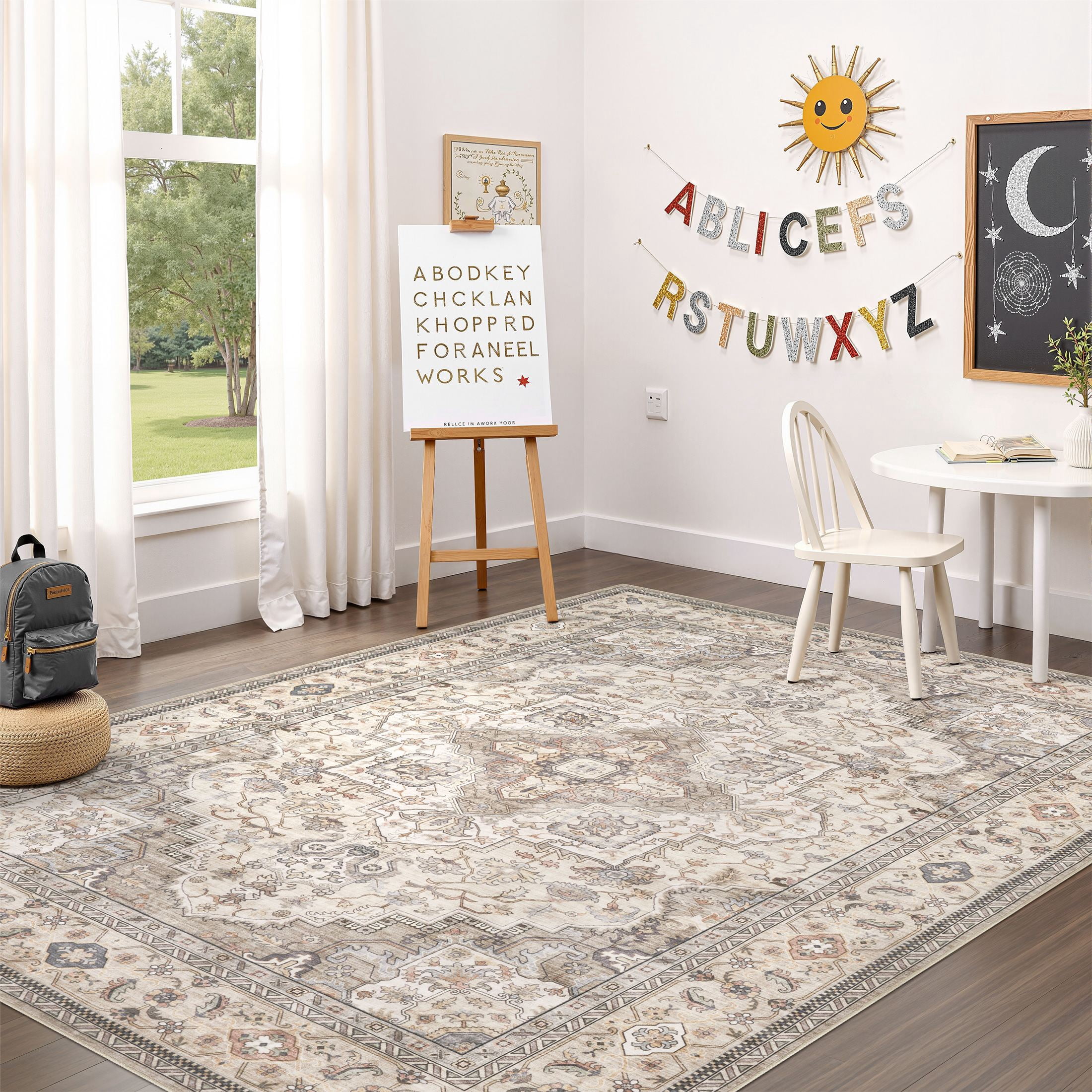 UERMEI 5'x7' Washable Area Rugs for Living Room, Vintage Floral Boho Printed Carpet, Non Slip Indoor Rugs for Bedroom Home Decor Carpets, Beige Brown