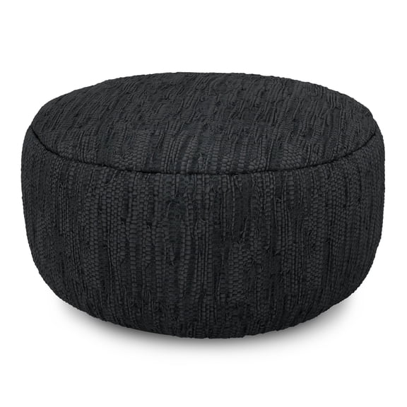 Simpli Home Fredrik 30 inch Wide Boho Pouf in Black Genuine Woven Leather, Assembled