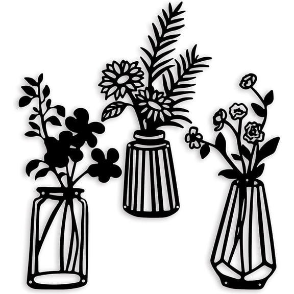 3 Pieces Black Metal Flowers Wall Decor Vase Art Sculptures Hanging for Indoor Kitchen Bathroom Dining Room Patio, 14.56x7.48 Inches