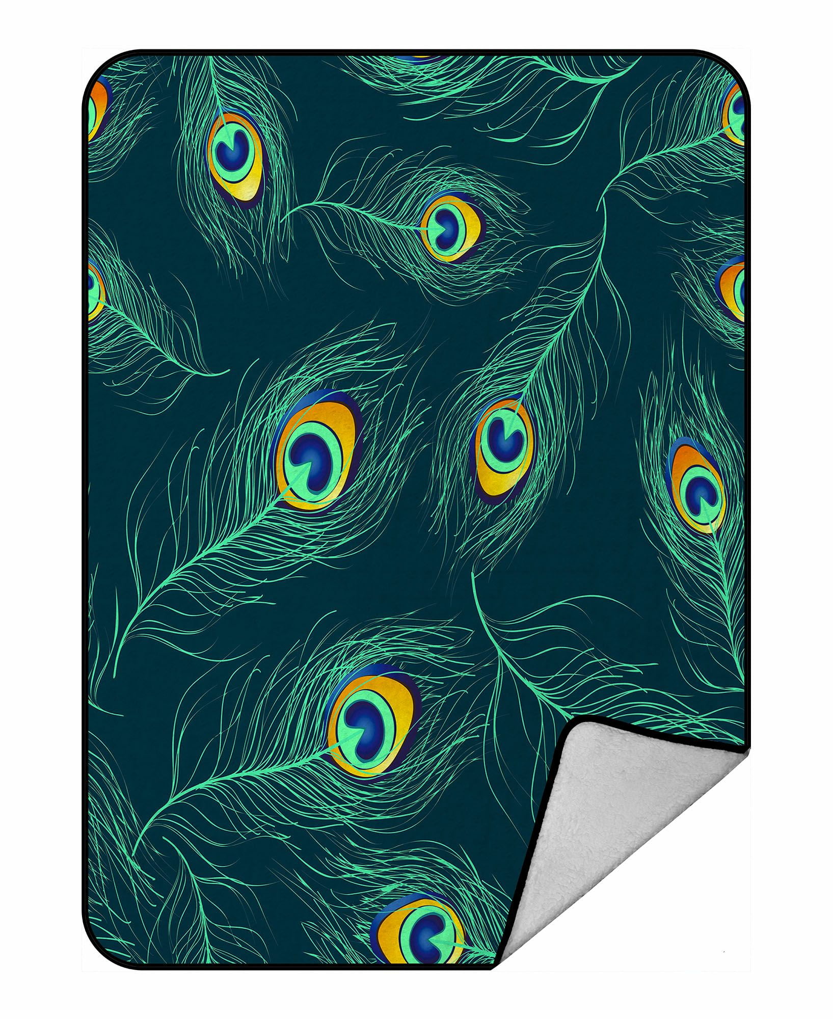 ABPHQTO Blue Green Peacock Feathers Fleece Blanket Fleece Back Throw