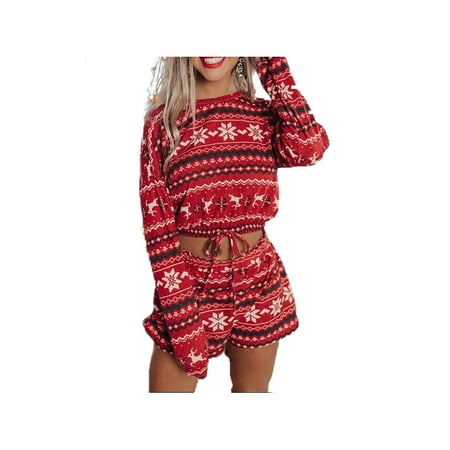 

Yejaeka Christmas Printed Long Sleeve Short Shirt Shorts Pajama Set
