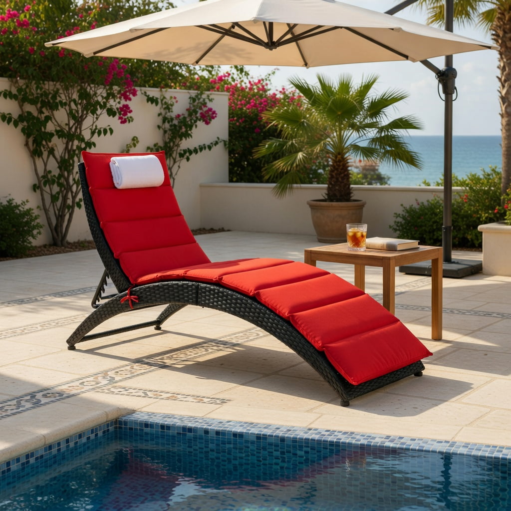 Hommoo Foldable Outdoor Rattan Lounge Chair with Thick Cushion, PE Wicker Chaise for Patio, Poolside & Garden, Red