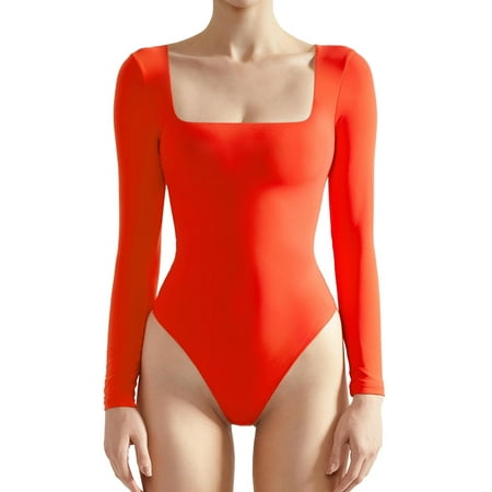 Women Long Sleeve Bodysuit Sexy Square Neck Thong Body Suit Shirts Top for Fall and Winter (White  S) w