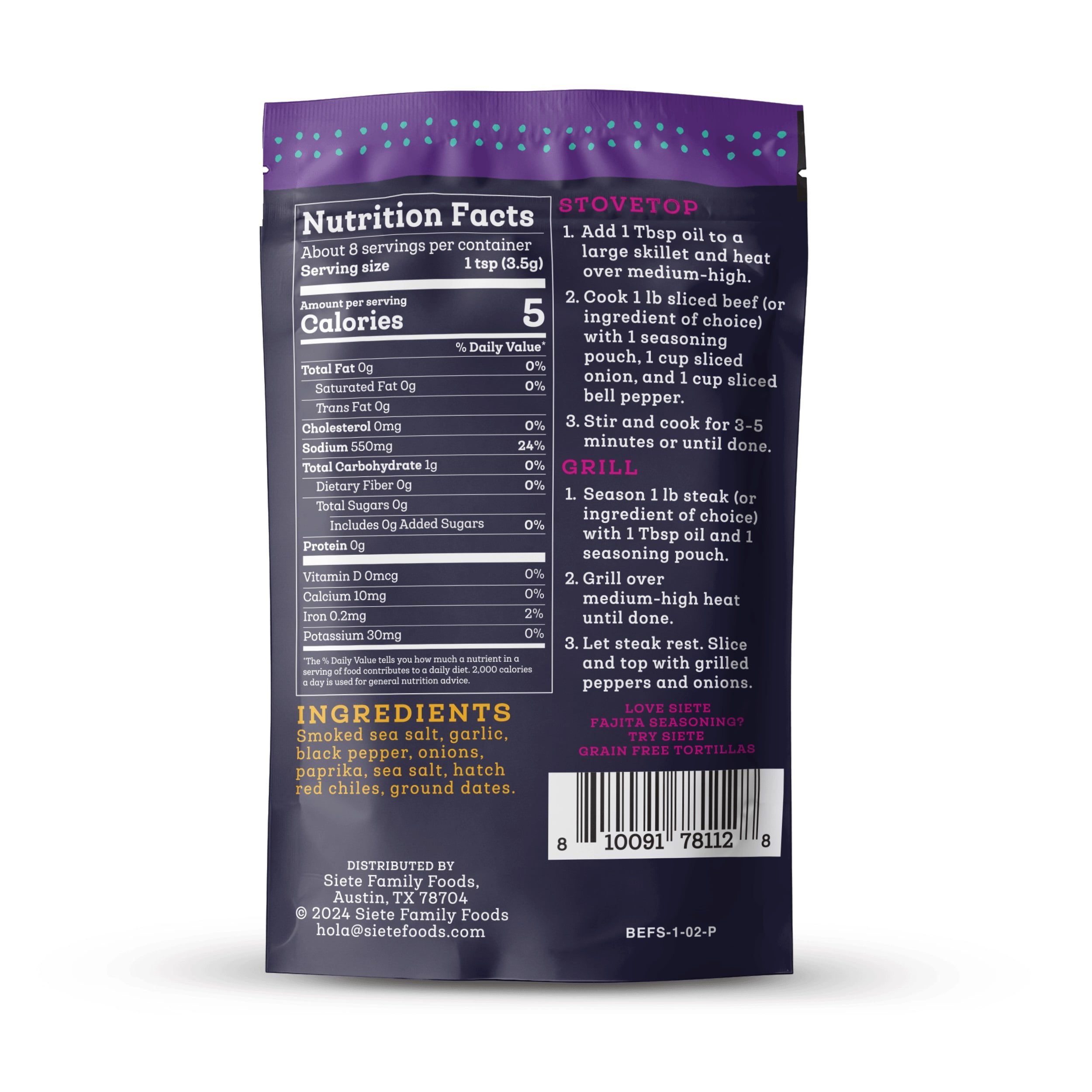 (12 pack) Siete Family Foods Beef Fajita Seasoning, 1oz packet