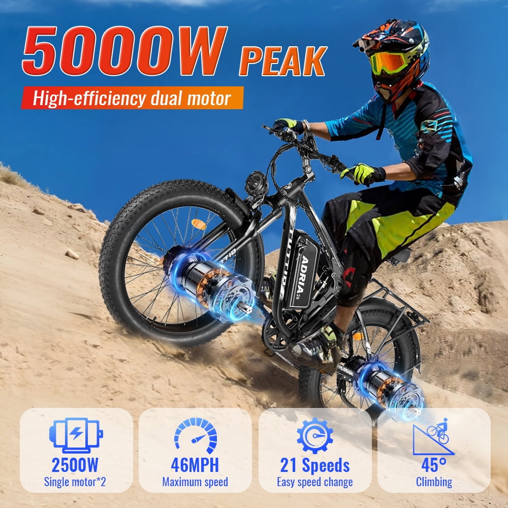 TUTTIO Adria26 Electric Mountain Bike for Adults Teen with Helmet, 5000W Men Off-Road Ebike, 26" Fat Tire Full Suspension Electric Bicycles, 7 Speed, 52V 30Ah Battery, Max 46Mph UL2849