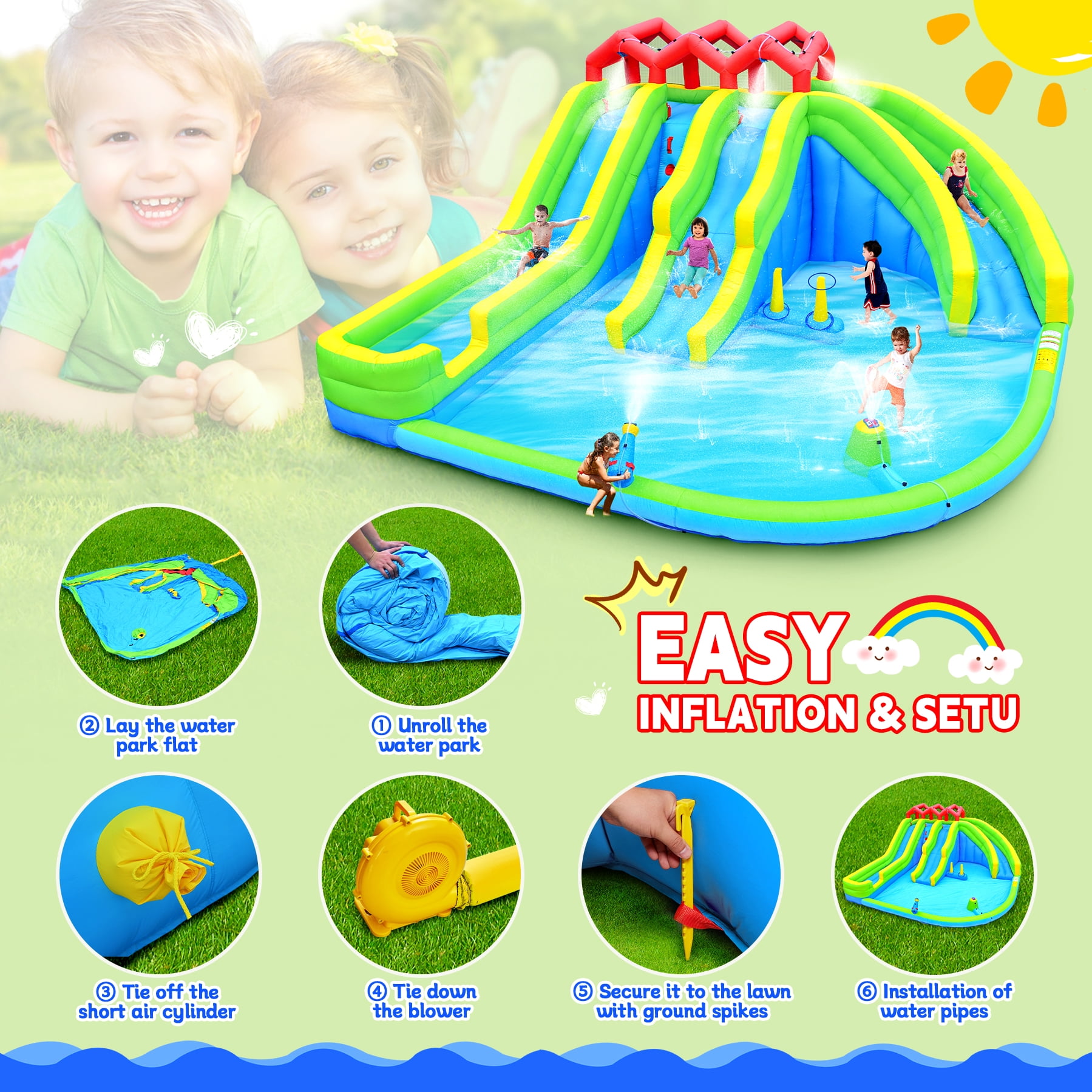 Ambifirner 7 in1 Inflatable Water Park with Blower and Ground Stakes，Three Slide Bouncy Castle for Backyard