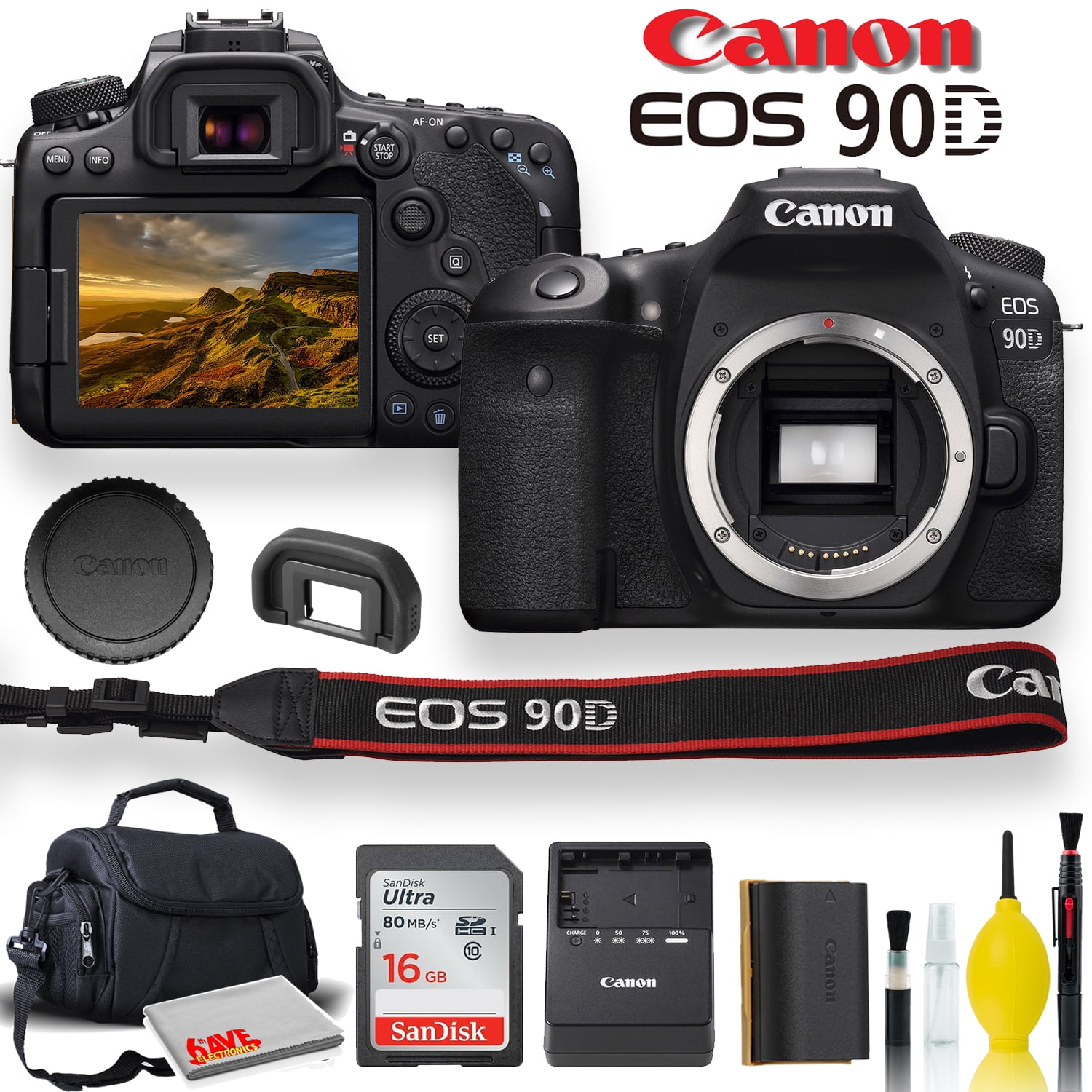 Canon EOS 90D DSLR Camera With Padded Case, Memory Card, and More