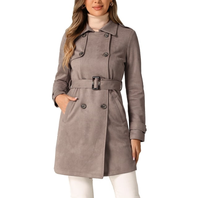 Abrigo de ante sintético de doble botonadura con solapa de muesca para mujer INSPIRE CHIC XS Beige Oscuro