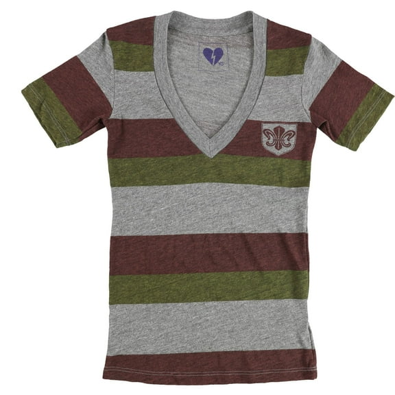 Urban Outfitters Womens Striped Logo V-Neck Graphic T-Shirt, Grey, X-Small