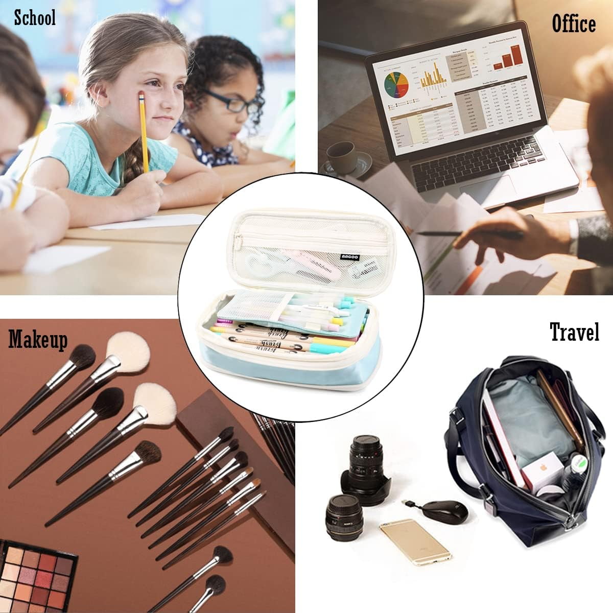 QCQHDU Big Capacity Pencil Pen Case Simple Stationery Bag College Office Organizer Blue