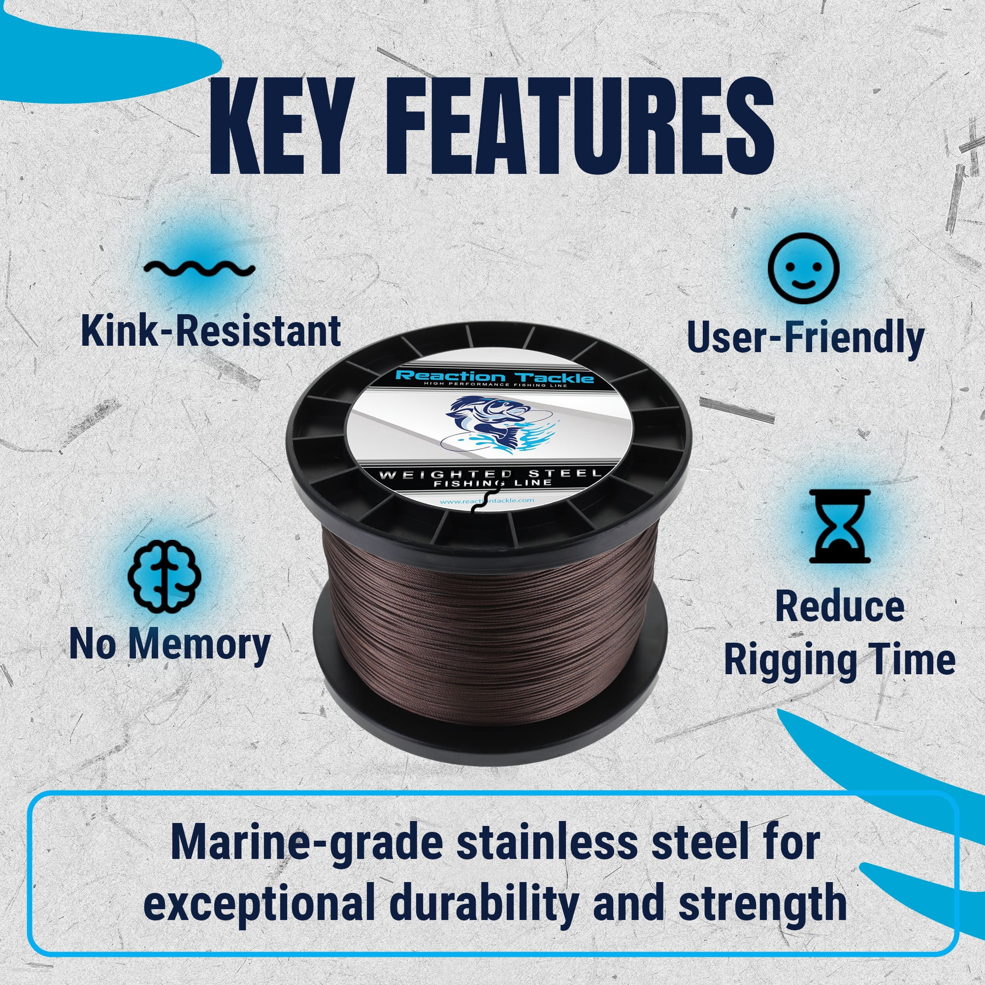 Reaction Tackle Weighted Stainless Steel Trolling Line 45LB- Premium Weighted Fishing Wire 45LB/ 600 foot