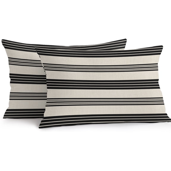 Lumbar Pillow Covers 20x12 Inch Set of 2, Black Horizontal Stripes Waterproof Outdoor Pillow Covers, Modern Simple Striped Beige Decorative Cushion Pillowcases for Couch, Sofa, Bed, Garden, Patio