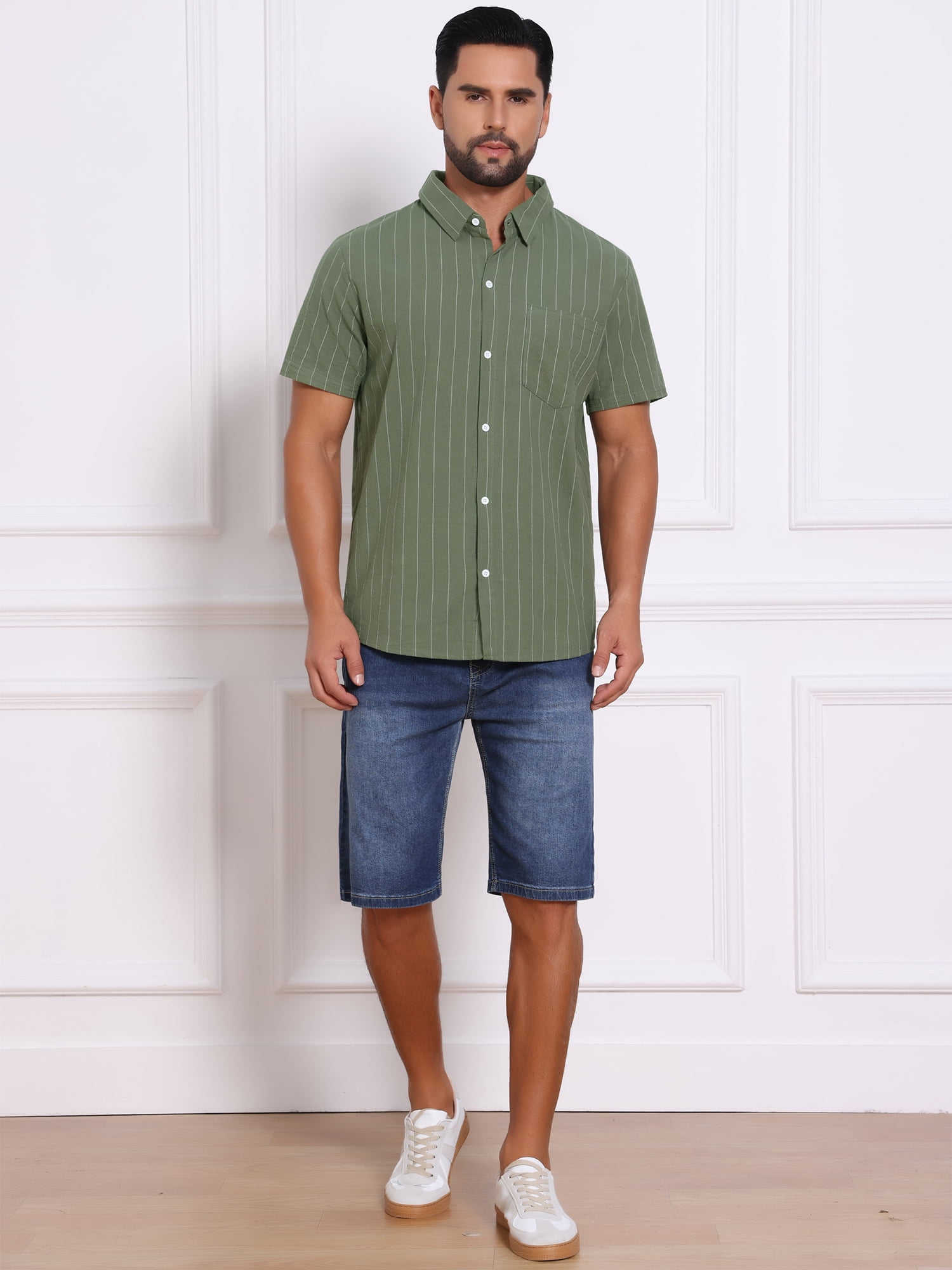 DARING DIVA Men's Point Collar Short Sleeve Button Down Stripes Shirts 3XL Olive Green
