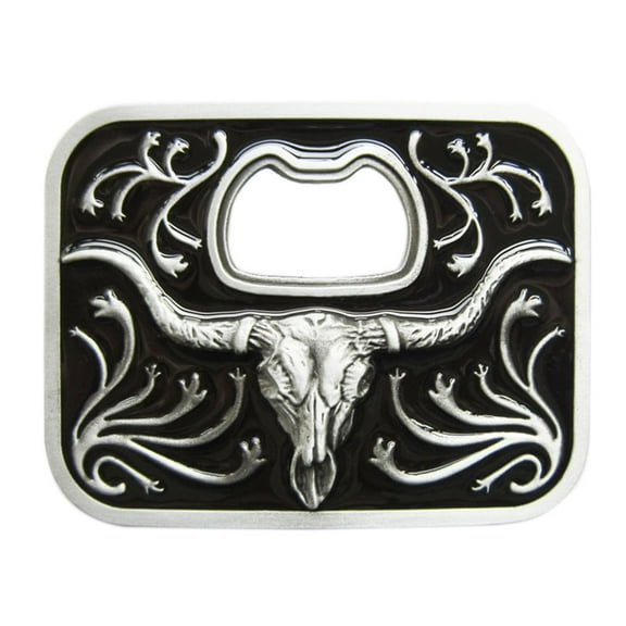 Vintage Style Black Enamel Western Long Horn Bull Bottle Opener Belt Buckle