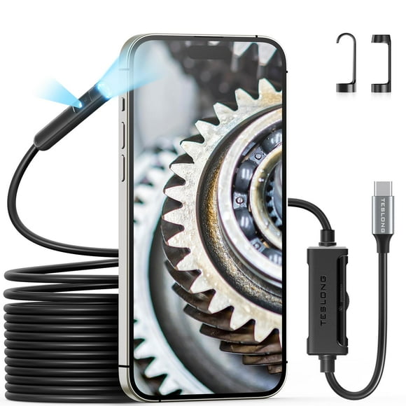 Endoscope à Double Objectif avec Lumière, Borescope USB-C Teslong Caméra d'Inspection avec Lumière LED 8+1, Caméra à Fibre Optique Flexible et Étanche Compatible avec iPho