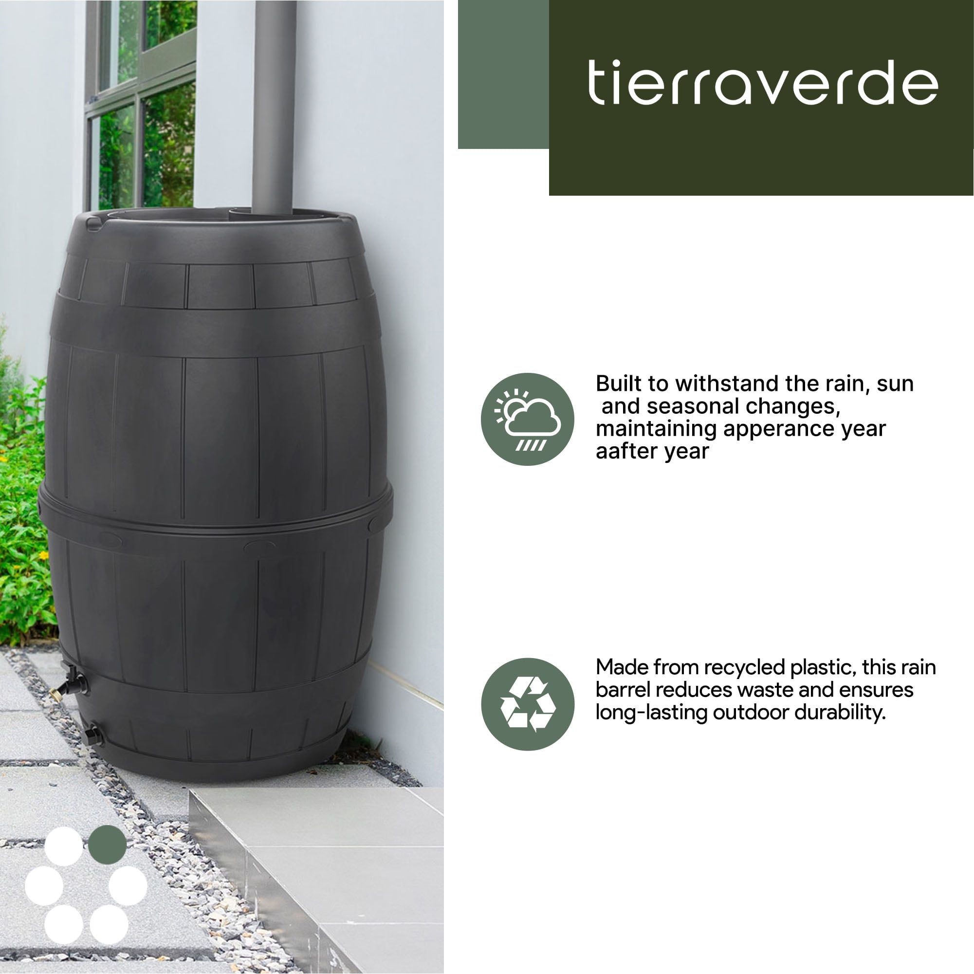 TierraVerde Knock Down Rain Barrel with Rust Proof Brass Spigot, 39 Gallon, Black