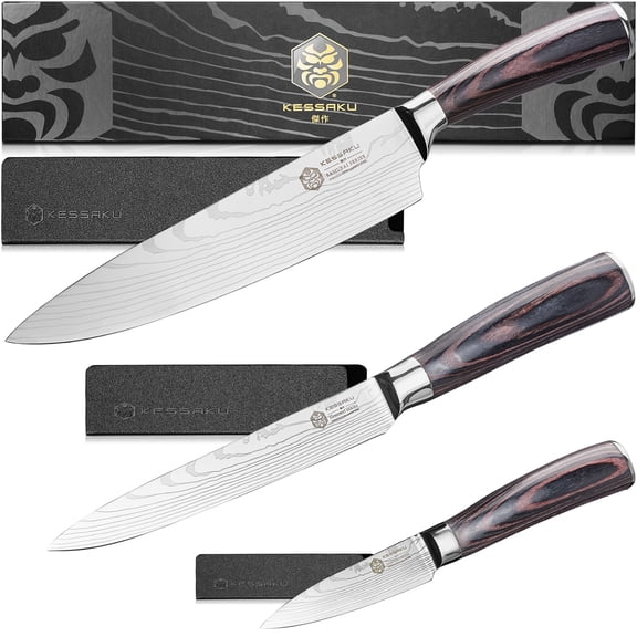 Kessaku 8-Inch Chef & 5.5-Inch Utility & 3.5-Inch Paring Knife Set - Samurai Series - Forged High Carbon 7Cr17MoV Stainless Steel - Pakkawood Handle with Blade Guards
