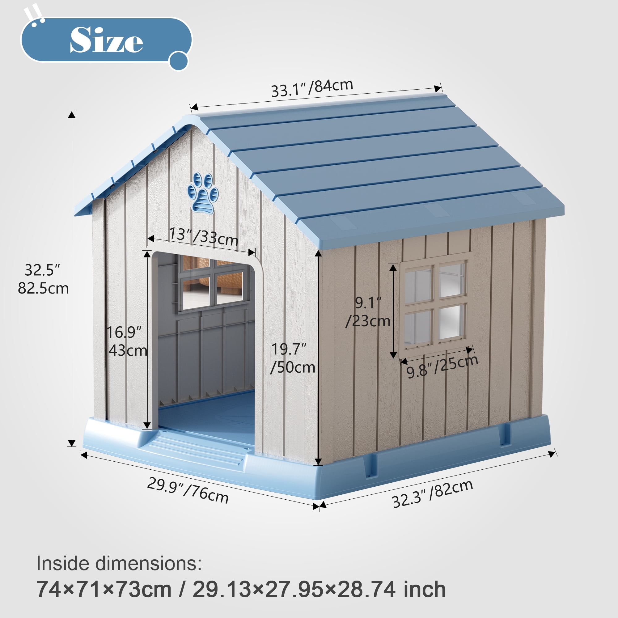 Bifanuo Durable Dog House, Indoor Outdoor Wateproof Doghouse, Pet Plastic Dog House for Small Medium Dogs,Grey and Blue ,31" L x 33.3" W x 33.5" H