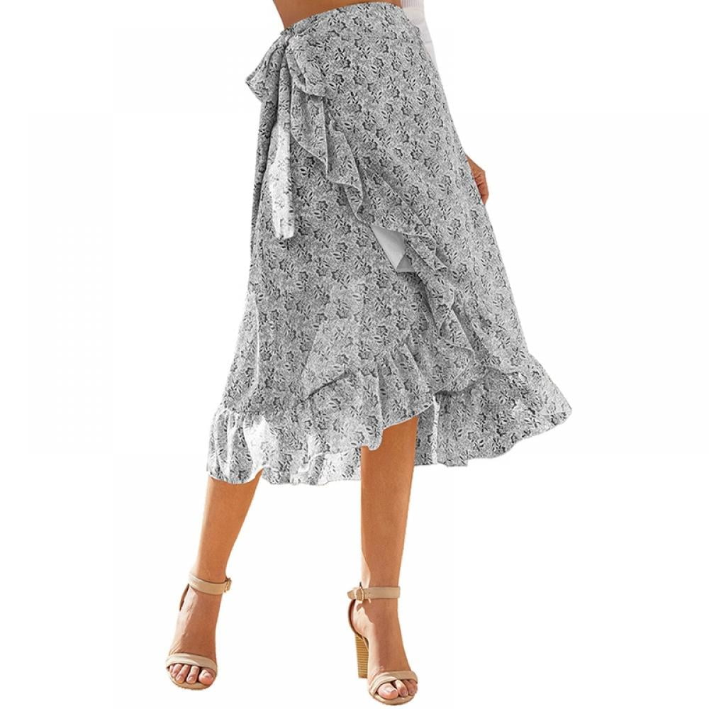 Women's Chiffon Floral High Waist Ruffle Tie Wrap Midi Skirt Summer Beach  Maxi Dress