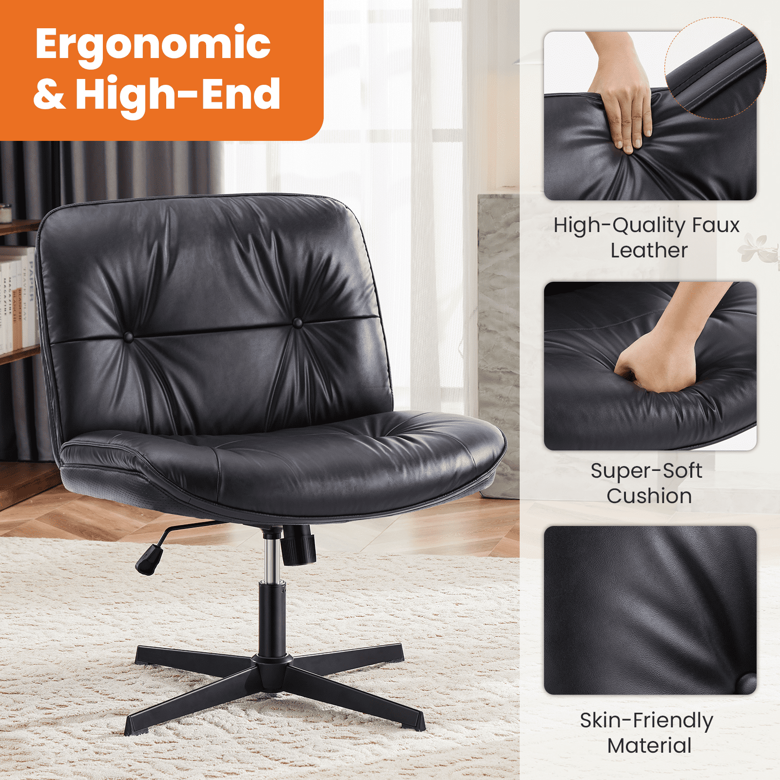 MAYEERTY Criss Cross Legged Chair, Armless Office Desk Wide Seat No Wheels, Swivel Height Adjustable Comfy