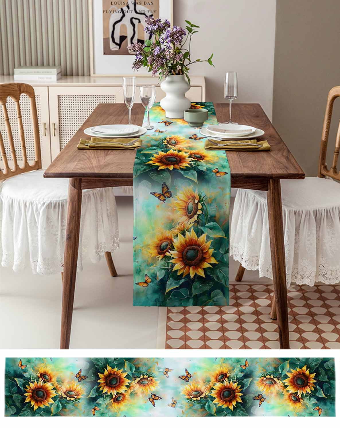 Table Runner Dresser Scarf 18 x 72 Inch Watercolor Sunflower Floral Butterfly Teal Green Leaf Table Runners Non-Slip Heat Kitchen Dining Table Decor for Indoor Outdoor Home Party Decoration