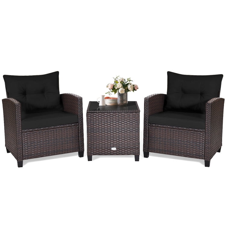 Aimee Lii 3 Pieces Wicker Patio Furniture Set, Coffee Table Cushioned Sofa, Modern Patio Furniture, Black Aimee Lii 3 Pieces Wicker Patio Furniture Set, Coffee Table Cushioned Sofa, Modern Patio Furniture, Black
