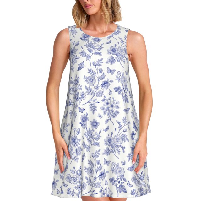 Fotbe Floral Butterfly Vestido de Verano sin Mangas para Mujer – Vestido Midi Línea A, Estilo Camiseta Floral, Vestido Playero Casual y Fluido