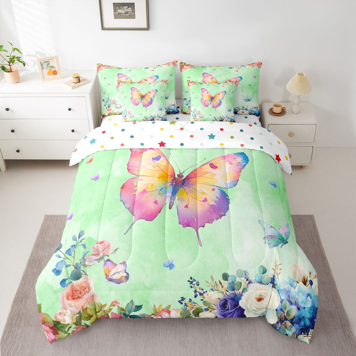 Homewish Chic Butterflies 7pcs Bedding Comforter Set,Rustic Flower Queen Bedding Sets,Green Pink Queen Sheet Sets For Girls Kids,Microfiber Bedroom Decor Reversible