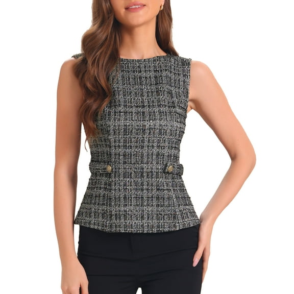 DARING DIVA Women's Tweed Elegant Crew Neck Business Vest Tops XS Black