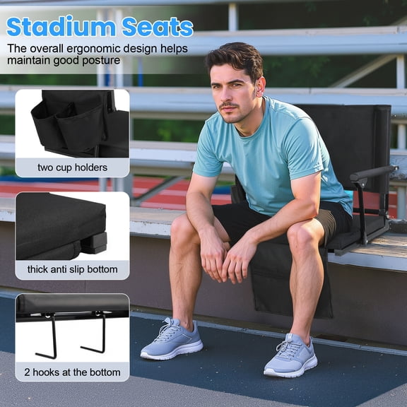 Tereitr 2 Pack Folding Stadium Seat with Back Support and Cushion Portable Chair with Cup Holder and Adjustable Shoulder Strap for Sports Events Concerts Outdoor Activities