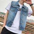 thumbnail image 3 of Veste en Denim Sans Manches à Revers pour Homme, Lavée, Coupe Ample, Décontractée, 3 of 4