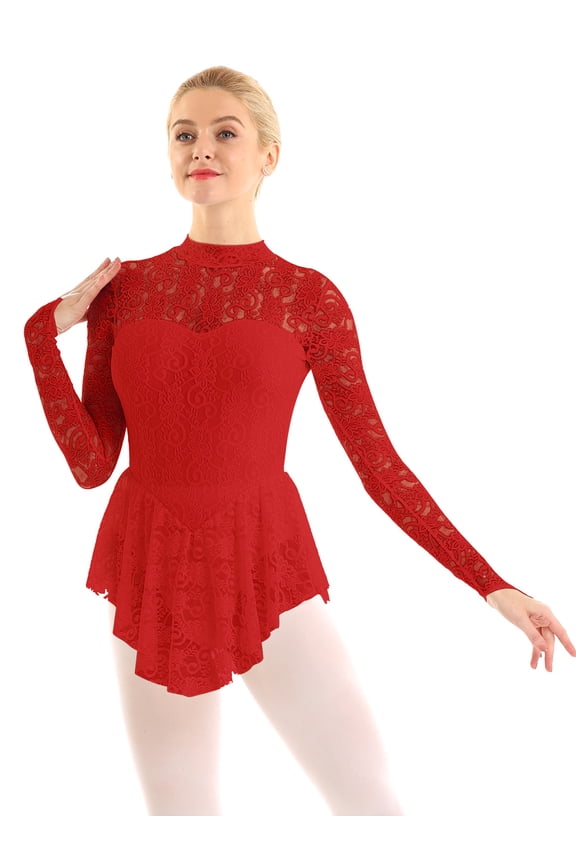 Women Girls Lyrical Figure Ice Skating Dress Long Sleeve Ballet Dance Gymnastics Leotard Dresses Red Large