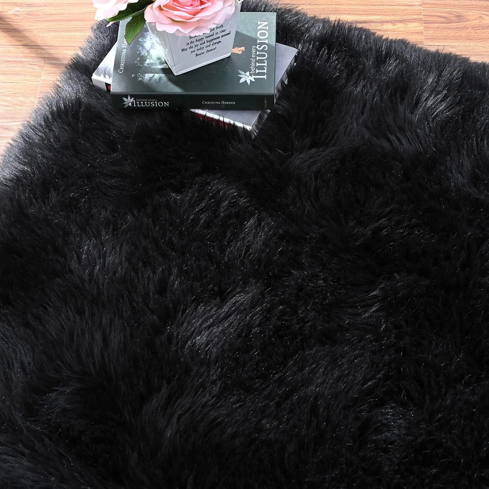 ORINOVA Black Washable Fluffy Area Rugs For Bedroom Shaggy Faux Sheepskin Fuzzy Fur Carpet For Living Room Hallway Nursery Rugs Runner 2x6