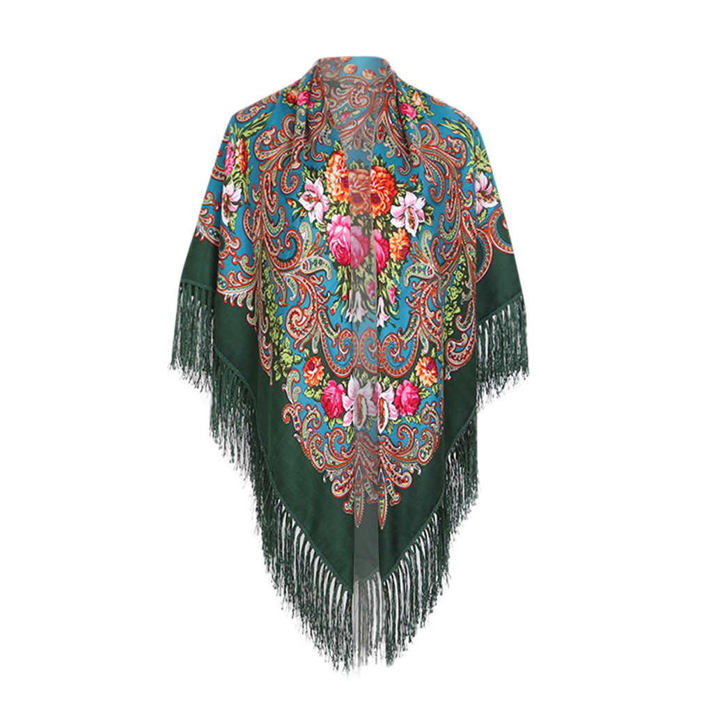 Châle Carré Femme Ethnique En Polyester – Taille 140x140cm – Imprimé Folklorique Avec Franges – Pour Automne/hiver Et Voyages