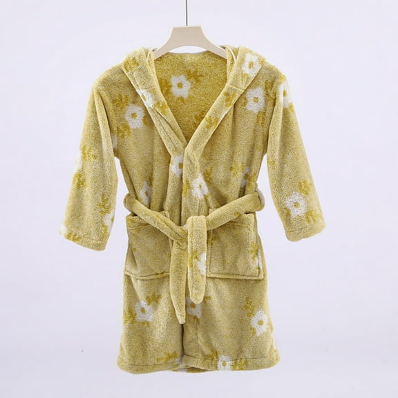 BRGZLK Kids Fleece Robes Boys Girls Cute Floral Print Plush Soft Flannel Warm Fluffy Bathrobe Home Absorbent Hooded Bath Towels for 3-12 Years Yellow Free Size
