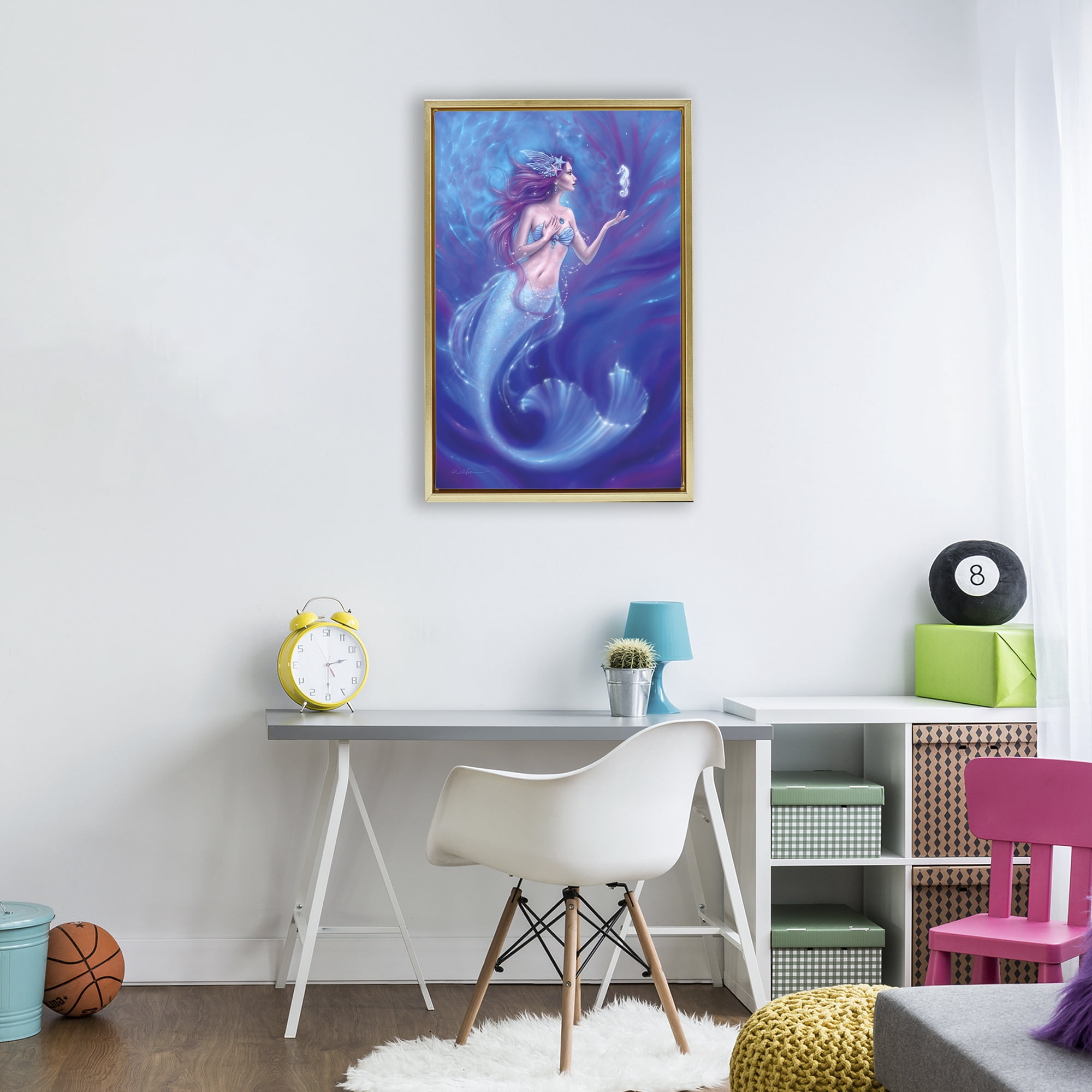 Jewel Bedecked Mermaid & Seahorse Gold Framed Floater Canvas Wall Art, design by Rachel Anderson