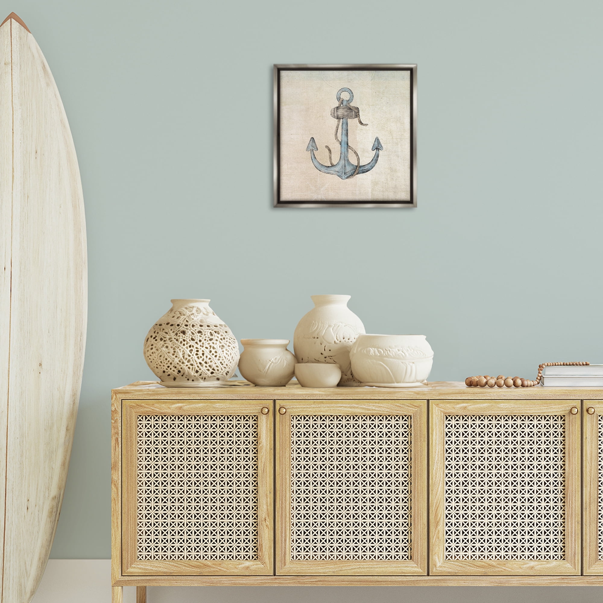 Stupell Industries Rustic Maritime Anchor Nautical & Beach Painting Gray Floater Framed Canvas Art Print Wall Art, 18 x 18