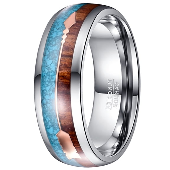 8mm Men's Hawaiian Koa Wood and Turquoise Inlay Tungsten Carbide Ring Size 7-12