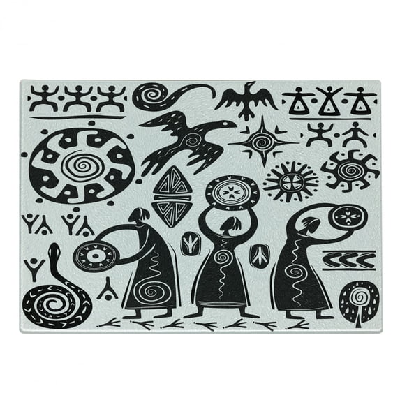 Prehistoric Cutting Board, Dancing Shaman Eagle Sun Snake Cave Drawing Tribal Folk Theme, Decorative Tempered Glass Cutting and Serving Board, Small Size, Black White, by Ambesonne