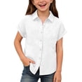 thumbnail image 2 of UACY Girls Casual Cotton Linen Button Down Short Sleeve Shirts Solid Summer Beach Blouses Tops with Pocket (White, 10-11 Years), 2 of 7