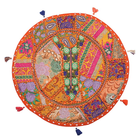 Stylo Culture Indian Boho Floor Cushion Cover Round Vintage Patchwork Kids Pillow Orange Big Round Floor Pillow 22" Decorative Decor Seating Tuffet Seat Pouf Cover Footstool Cotton Embroidered 1 Pc