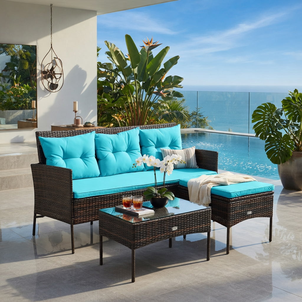 Hommoo 3-Piece Outdoor Patio Sectional Set, Woven Rattan Sofa, Ottoman & Glass Coffee Table with 5 Removable Cushions, Turquoise