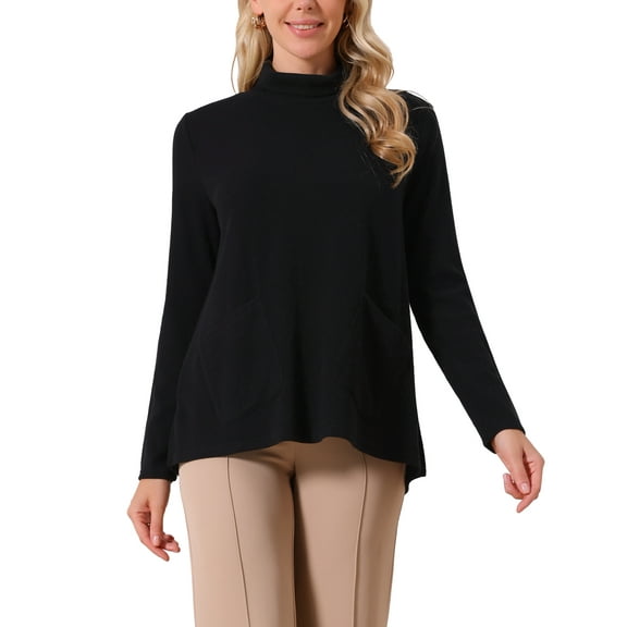 INSPIRE CHIC Women's Knit Pocket Pullover Turtleneck Fall Winter Long Sleeve Casual Sweater Tops S Black