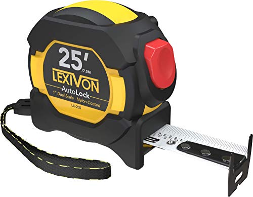 LEXIVON 25Ft/7.5m AutoLock Tape Measure 1-Inch Wide Blade with Nylon  Coating, Matte Finish White  Yellow Dual Sided Rule Print Ft/Inch/ Fractions/Metric (LX-205)