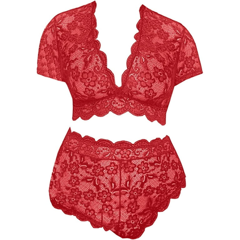 Plus Size Lingerie Set for Women Sexy Halter Choker Strappy Bra and Panty 2  Piece Same Day Delivery Clothes (Red, XXXL) 