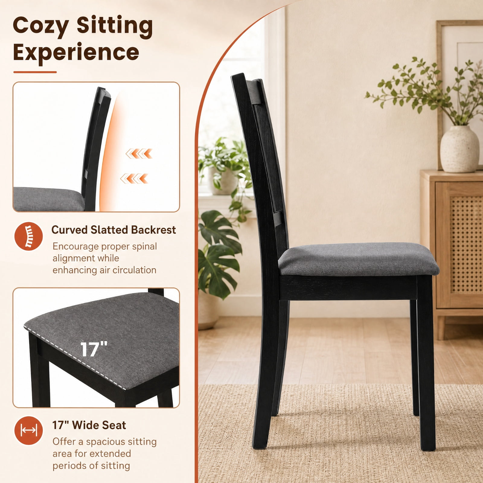 Furnibear Upholstered Wooden Dining Chairs Set of 2 with Padded Fabric Seats and Rubber Wood Frame for Kitchen Dining Room, Black