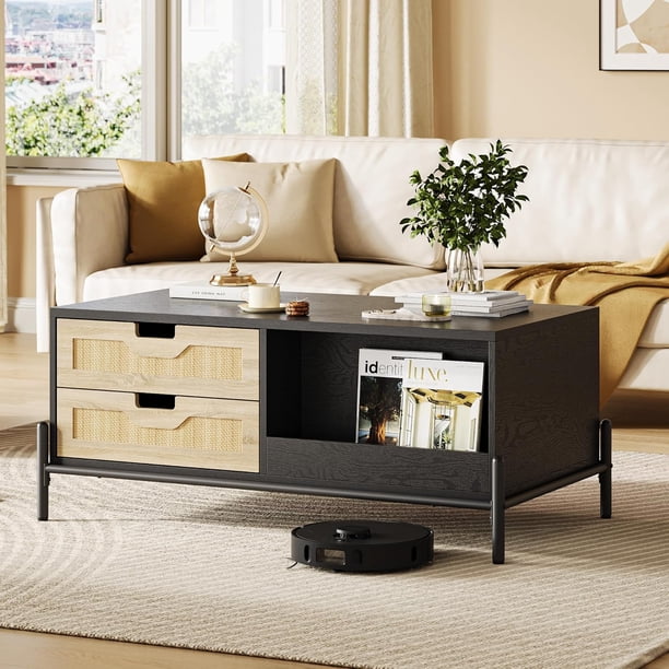 Mid century moderno rattan coffee mesa con LED lights 4 cajones y abiertos almacenamiento estante-ideal para estilo rural muebles para sala de estar