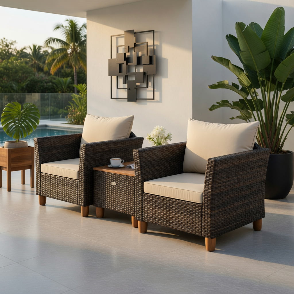 Hommoo 3-Piece Outdoor PE Wicker Patio Furniture Set with Acacia Wood Storage Coffee Table & Premium Cushions, Brown