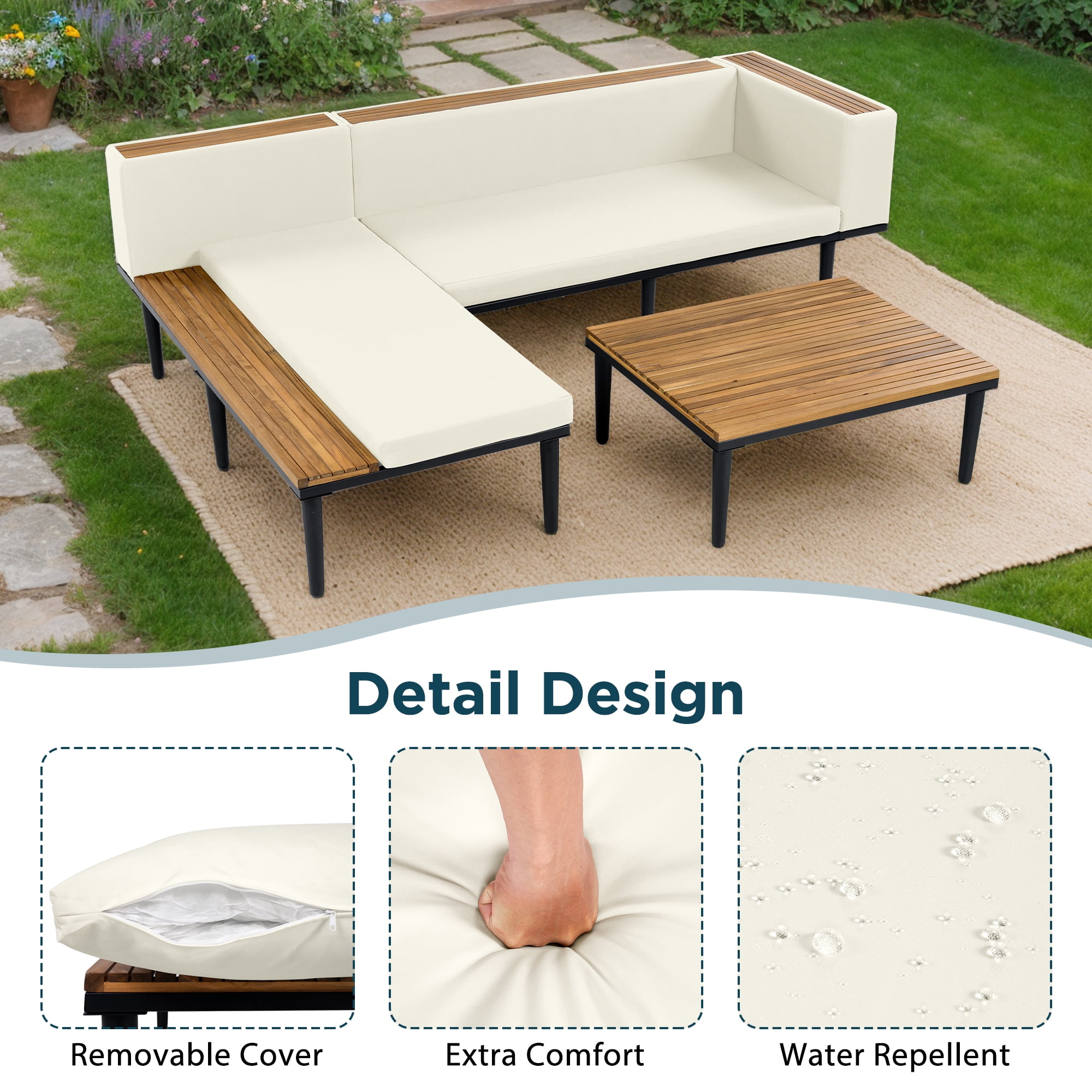 Acacia Wood L-Shaped Outdoor Sectional Sofa, Patio Conversation Set with Removable Cushions, Coffee & Side Table for Porch Backyard