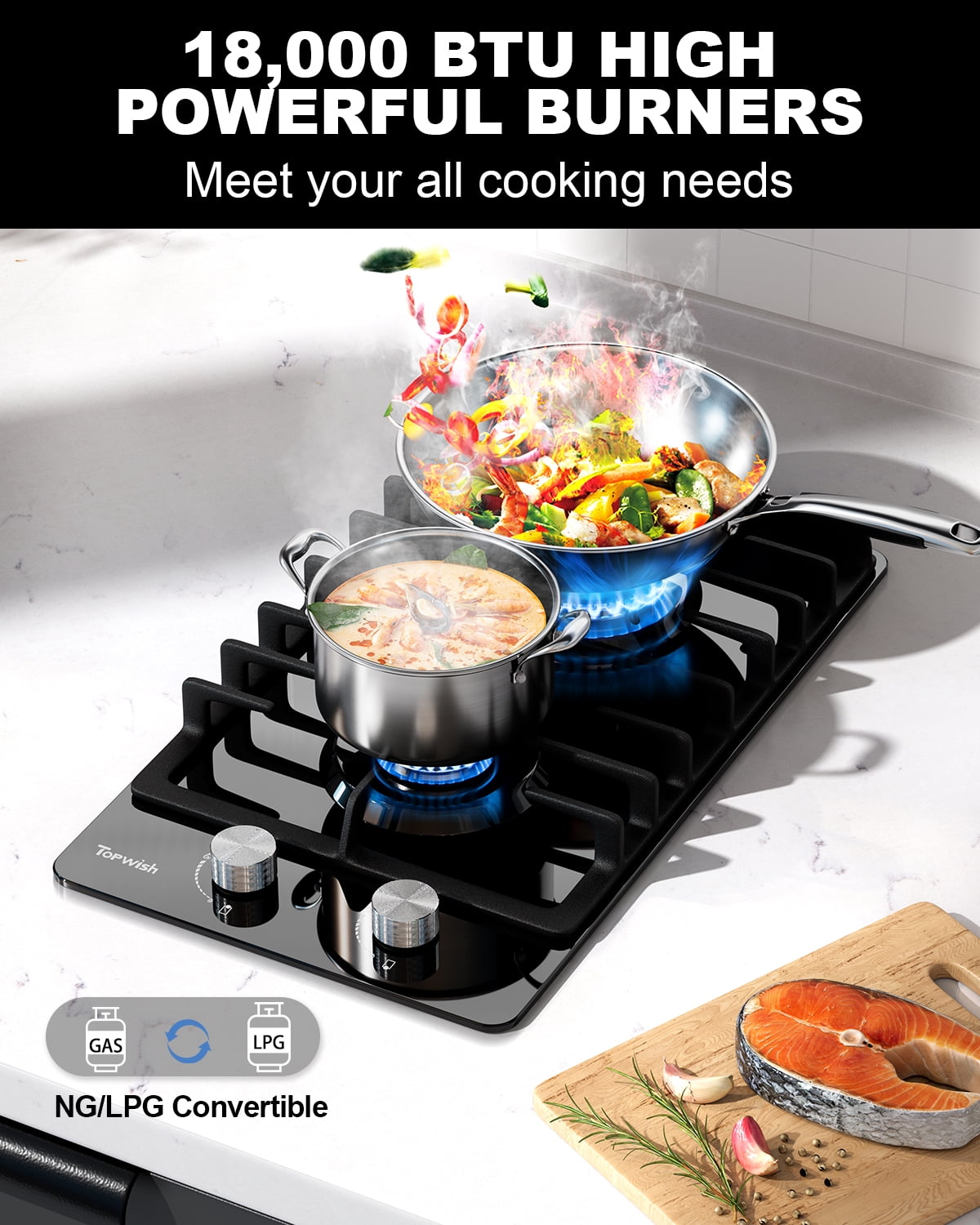 TOPWISH 12" 2-Burner Built-In Gas Cooktop, Black Tempered Glass, 18,000 BTU, NG/LP Convertible, Flame-Out Protection
